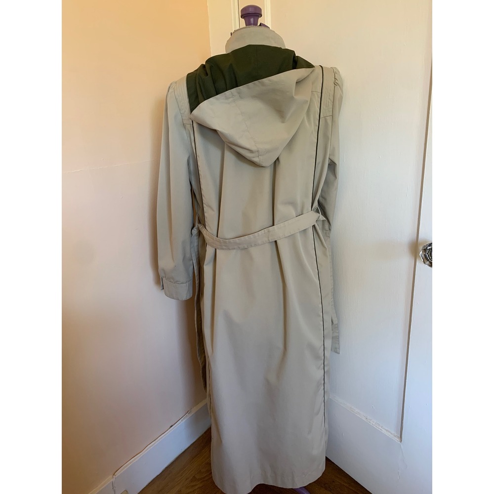 Vintage 80s Beige Trench Coat Green Accents & Hood Size 14 Duster Length Belt - Picture 4 of 12